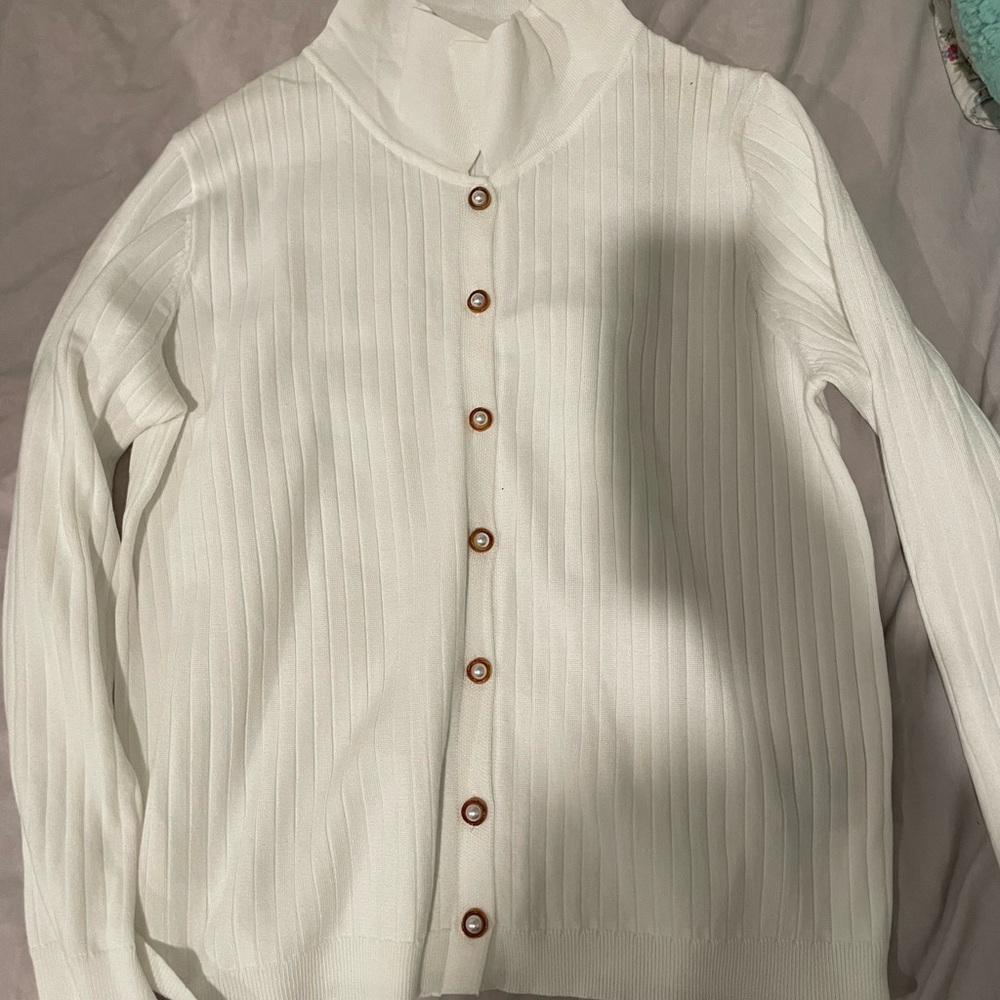 White Ribbed Button-Up Cardigan